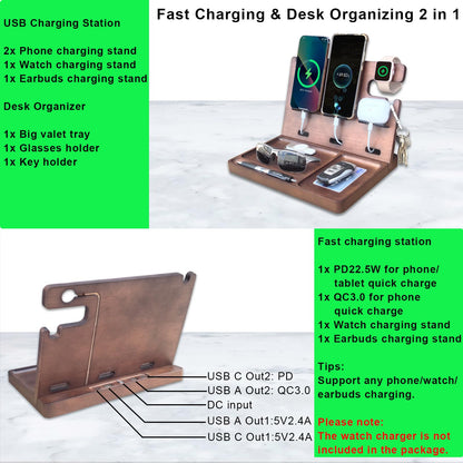 Xunhomon Wood Phone Docking Station Nightstand Organizer Charging Station with QC 3.0 & PD22.5W Fast Charger for iPhone Samsung Android Watch Airpod Anniversary Birthday Gifts for Men