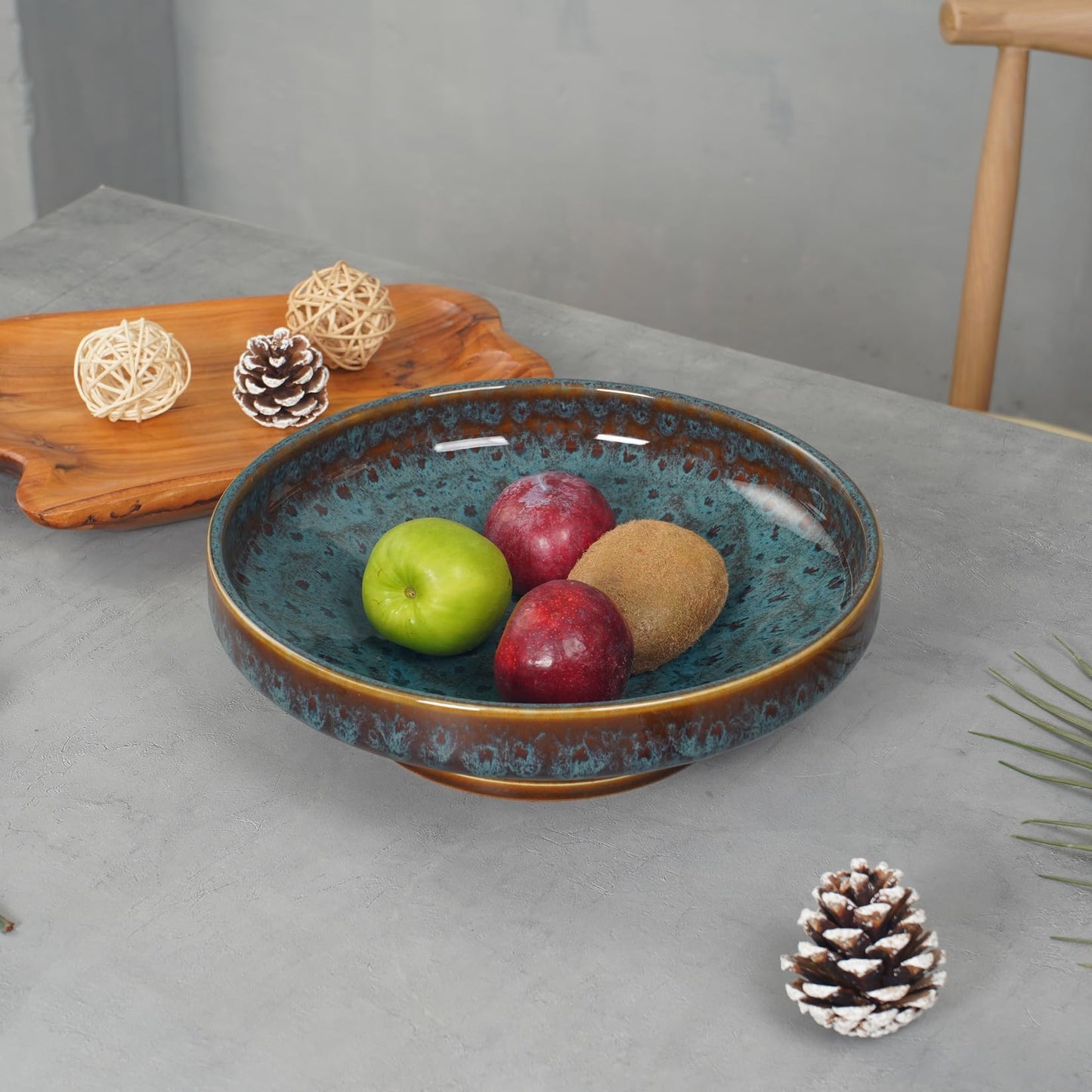 STE-CER Ceramic Fruit Bowl for Kitchen Counter,Decorative Pedestal Bowl for Table Countertop,Large Footed Serving Bowl,10.2 Inch (peacock Green)
