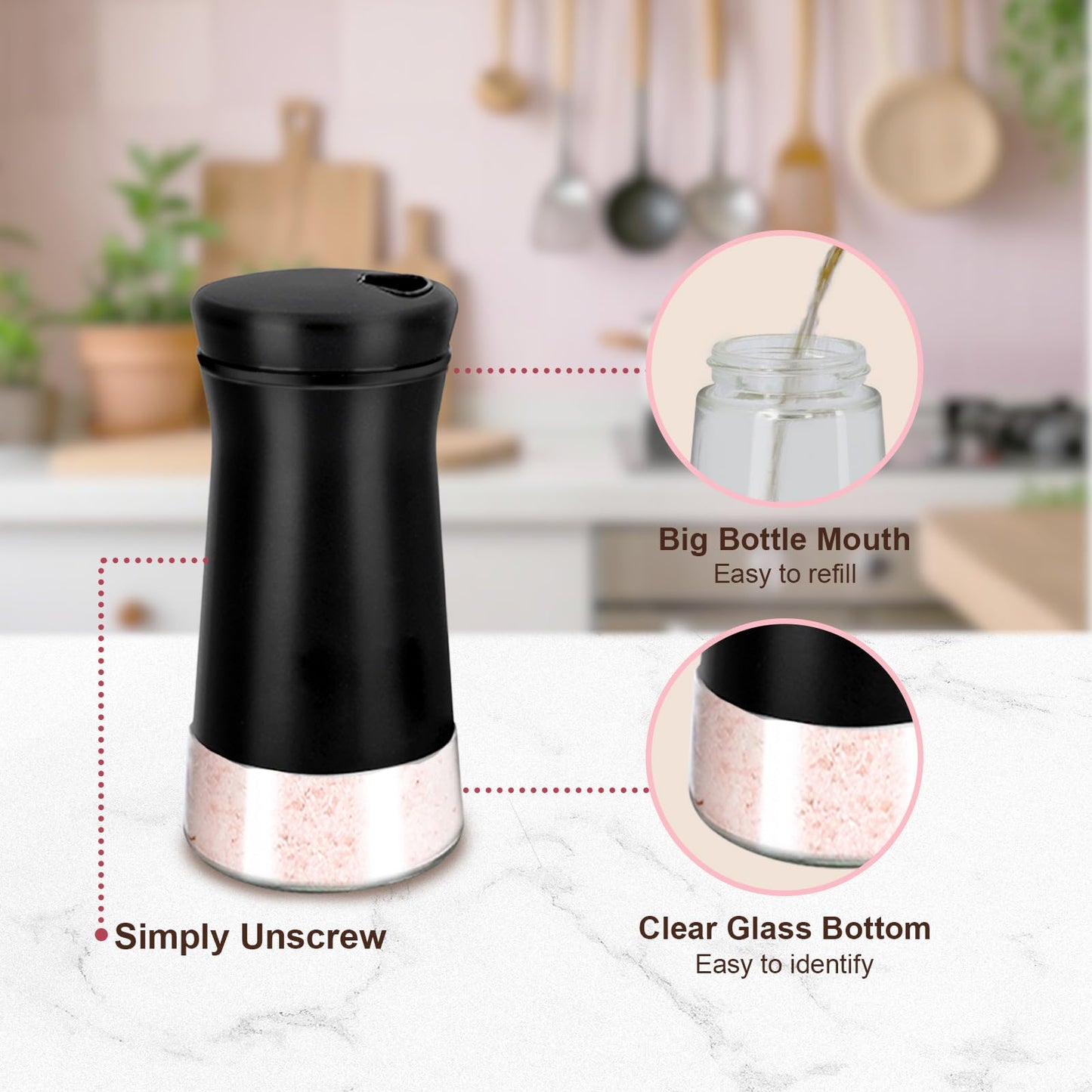 Black Salt and Pepper Shakers with Adjustable Pour Holes, Farmhouse Glass Salt Shaker with Stainless Steel Lids, Refillable Shaker by Aelga, Ideal for Himalayan, Kosher and Black Pepper