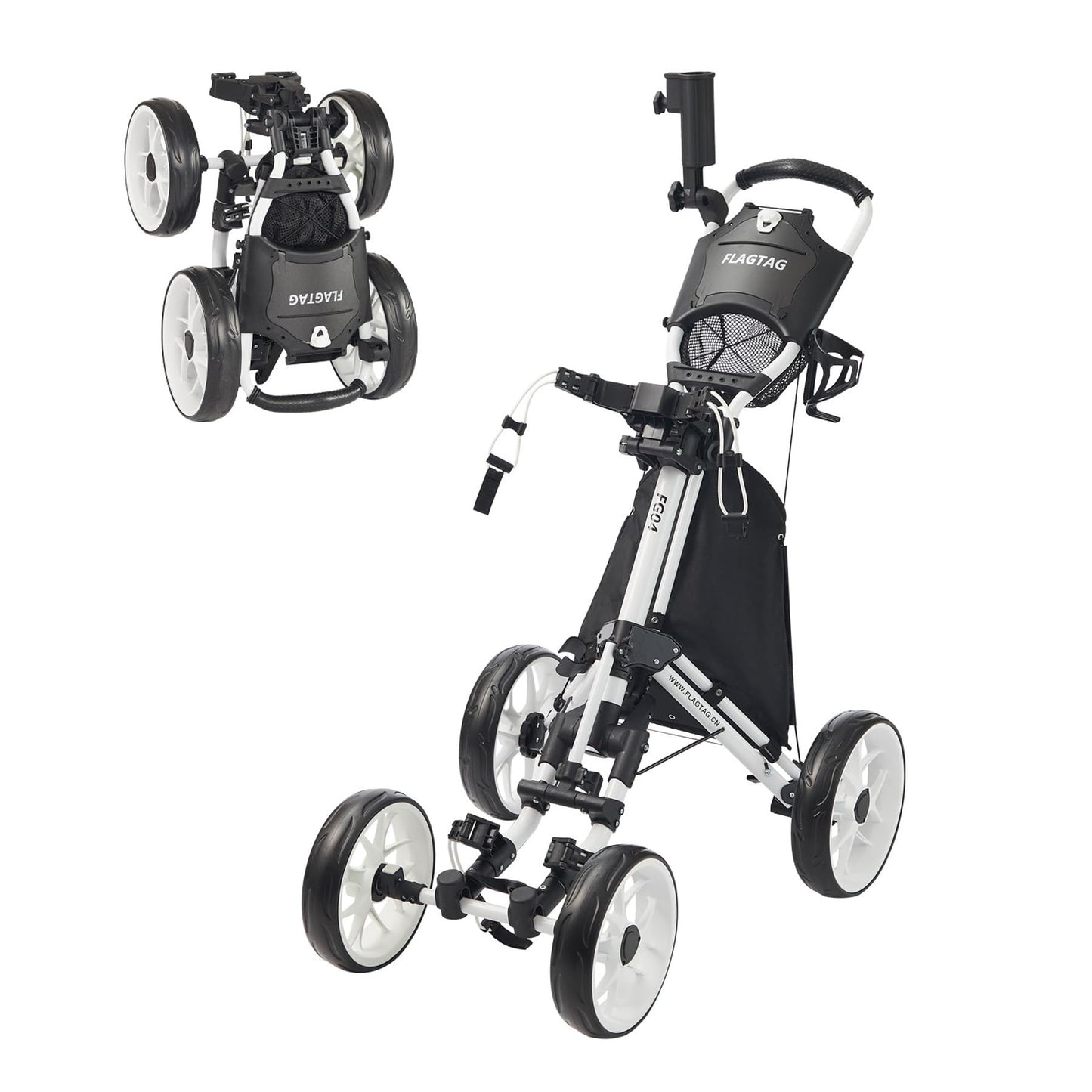 FLAGTAG Golf Push Cart 4-Wheels,Folding Golf Cart, Golf Pull cart with Cup Holder,Umbrella Holder,Cooler Bag, Foldable with one-Click,Handle Height Adjustable,Drink Holder,Walking Push cart