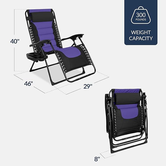 Best Choice Products Oversized Padded Zero Gravity Chair, Folding Outdoor Patio Recliner, XL Anti Gravity Lounger for Backyard w/Headrest, Cup Holder, Side Tray, Polyester Mesh - Black/Purple