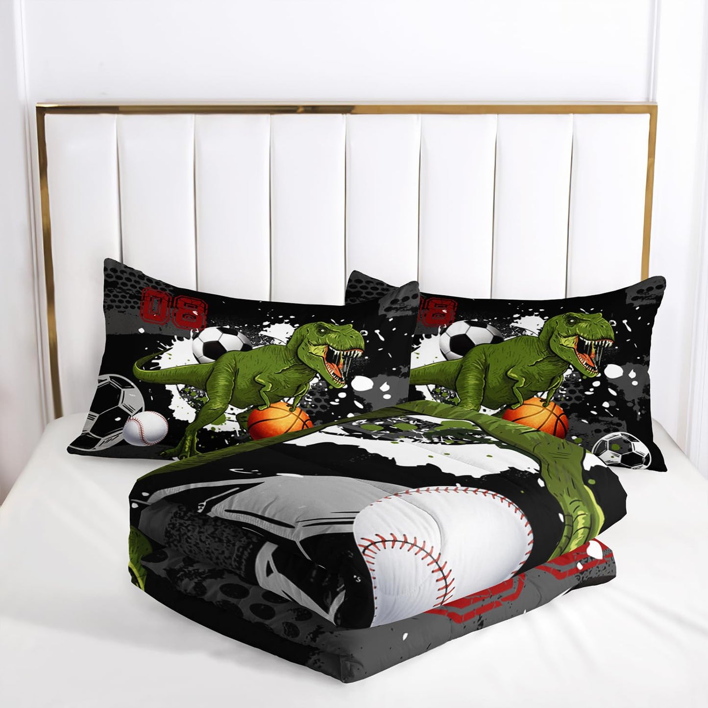 AILONEN Boys Dinosaur Comforter Set Twin Dinosaur Bedding Set,Sport Basketball Soccer Ball Print Comforter Set,3 Pieces Teen Boys Bed in a Bag, 1 Quilt and 2 Pillowcases