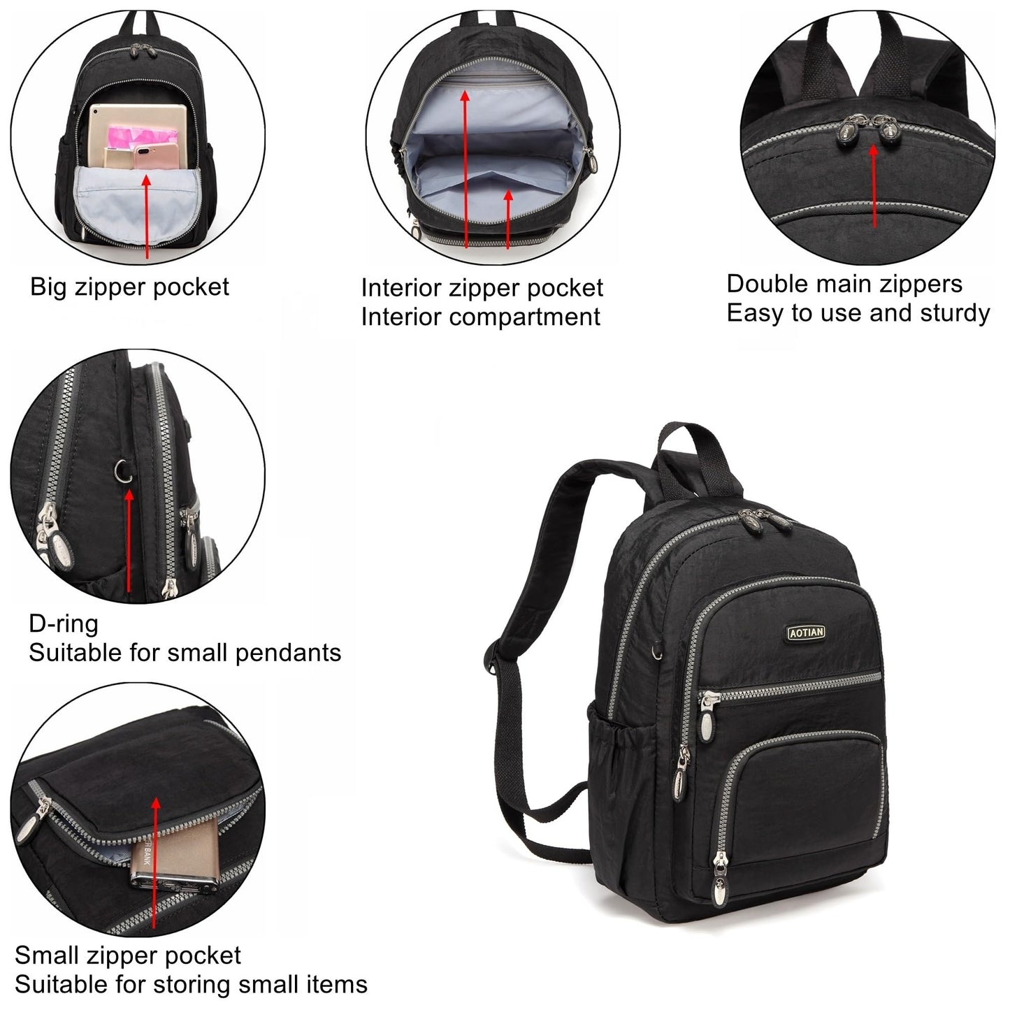 AOTIAN Women's Lightweight Sturdy Nylon Little Handy Backpack 9 litres, Black