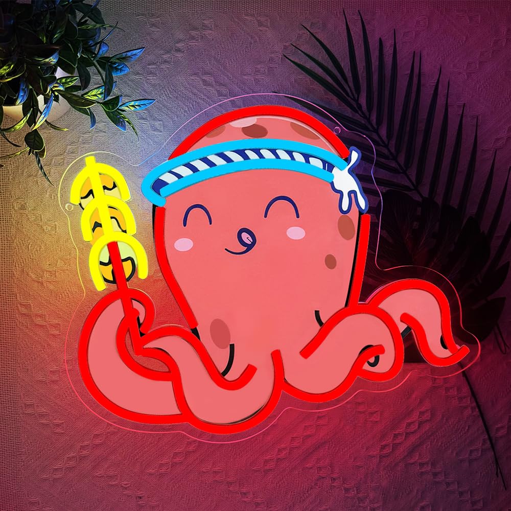 RuCvixkt Takoyaki Octopus Neon Signs for Wall Decor, Japanese Anime Sushi Neon Sign USB Powered Light for Food Shop Kitchen Living Room Restaurant Decoration