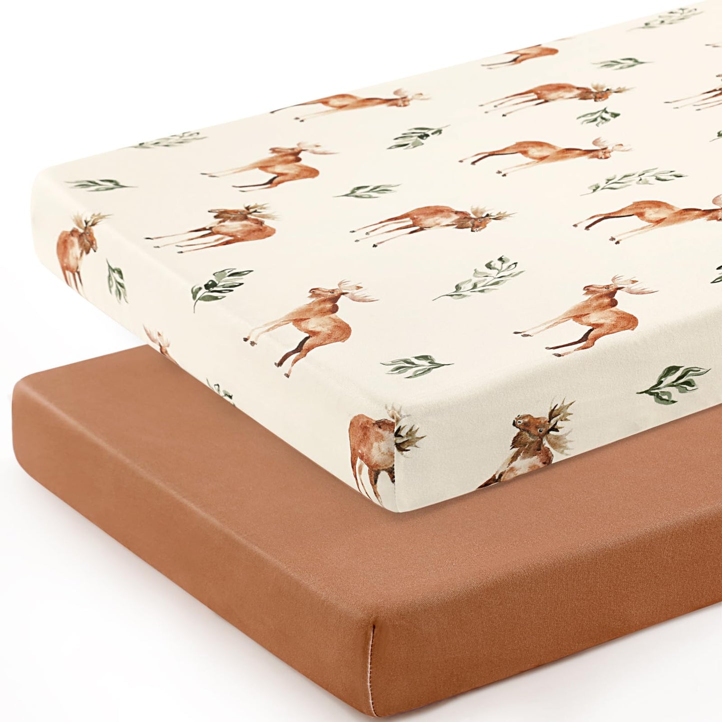 GRSSDER Stretchy Ultra Soft Jersey Knit Pack and Play Sheets 2 Pack, Portable/Mini Crib Sheets Universal Fitted for Playpen Mattress Safe and Snug, Elk Print