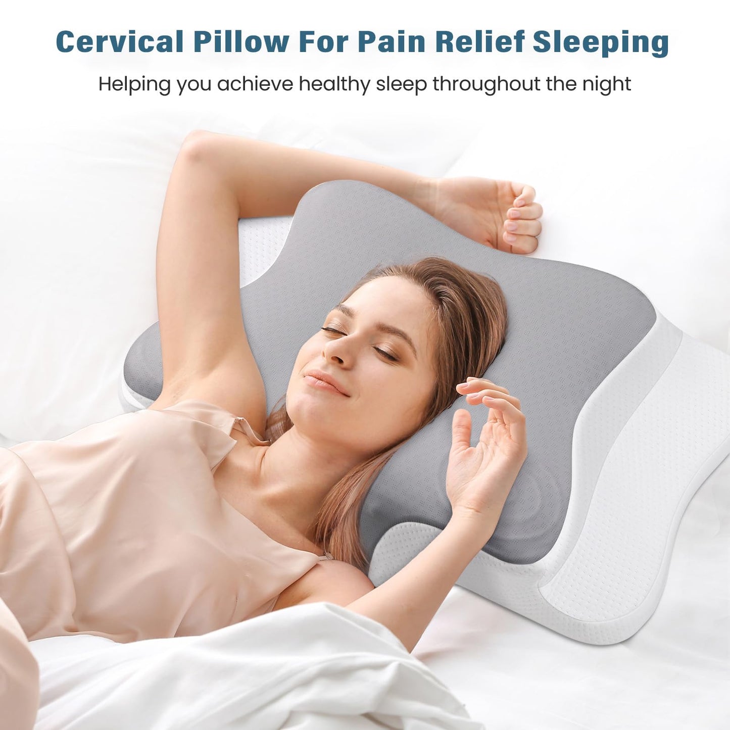 JINXIA Cervical Memory Foam Pillow for Neck Pain, Bed Sleeping Pillow for Shoulder Pain,Ergonomic Orthopedic Support Pillow for Side/Back/Stomach Sleepers with Removable Cover(Ice Silk Pillowcase)