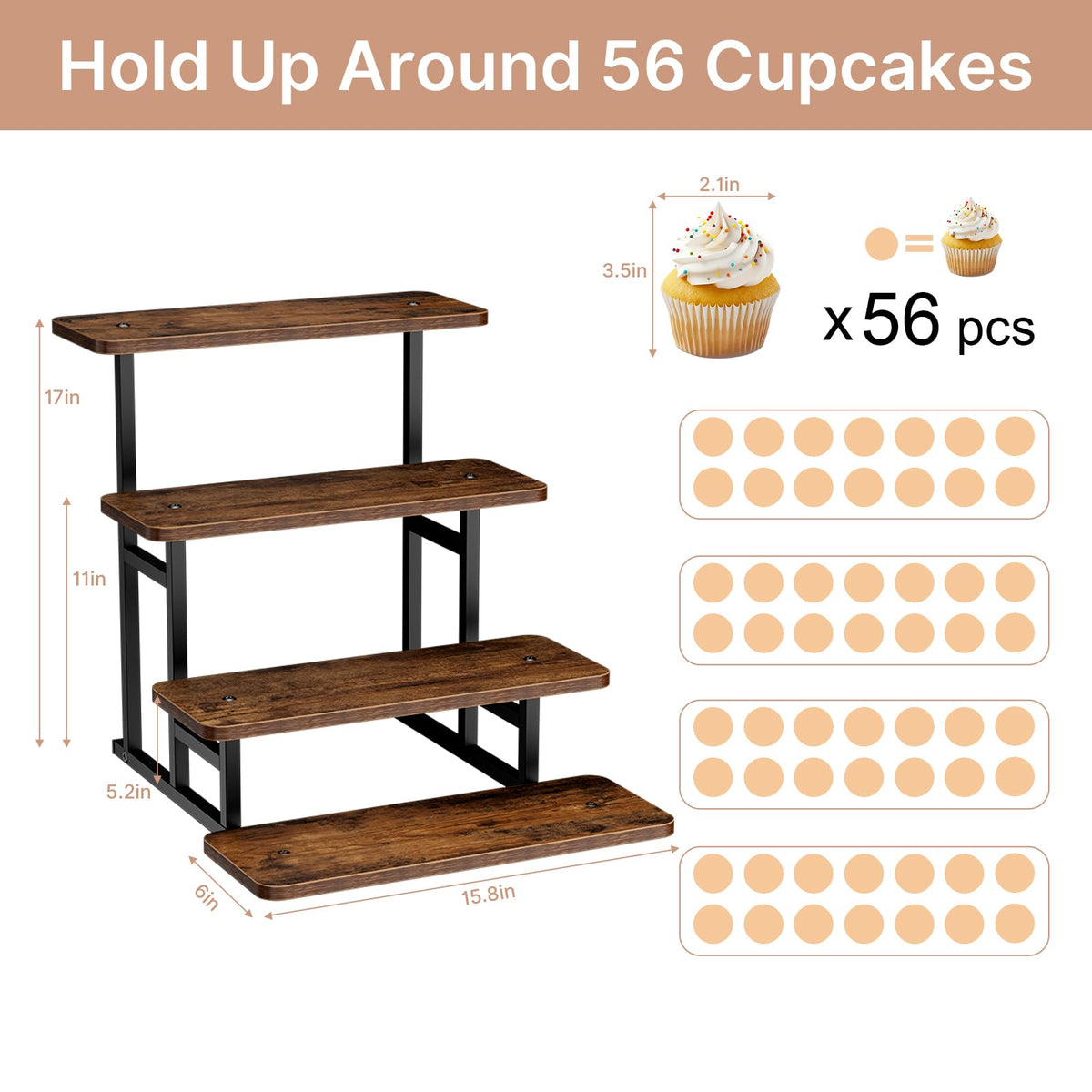 FZGhome Cupcake Stand for 50 Cupcakes 4 Tiered Tray Stand for Food Cookie Wooden Dessert Display Risers for Party Wedding Buffet Stepped Risers Display Stands for Vendor Farmers Market Display, Brown