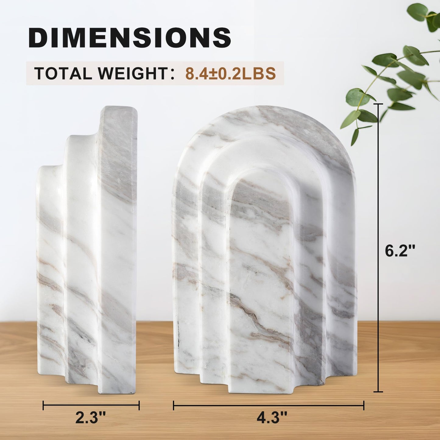 Natural Marble Book Ends - Heavy Duty Bookends for Shelves - Aesthetic Layered Arch Design Stone Book Holders, Modern Office Bookshelf Stopper Decor for Books/CDs (Volakas)