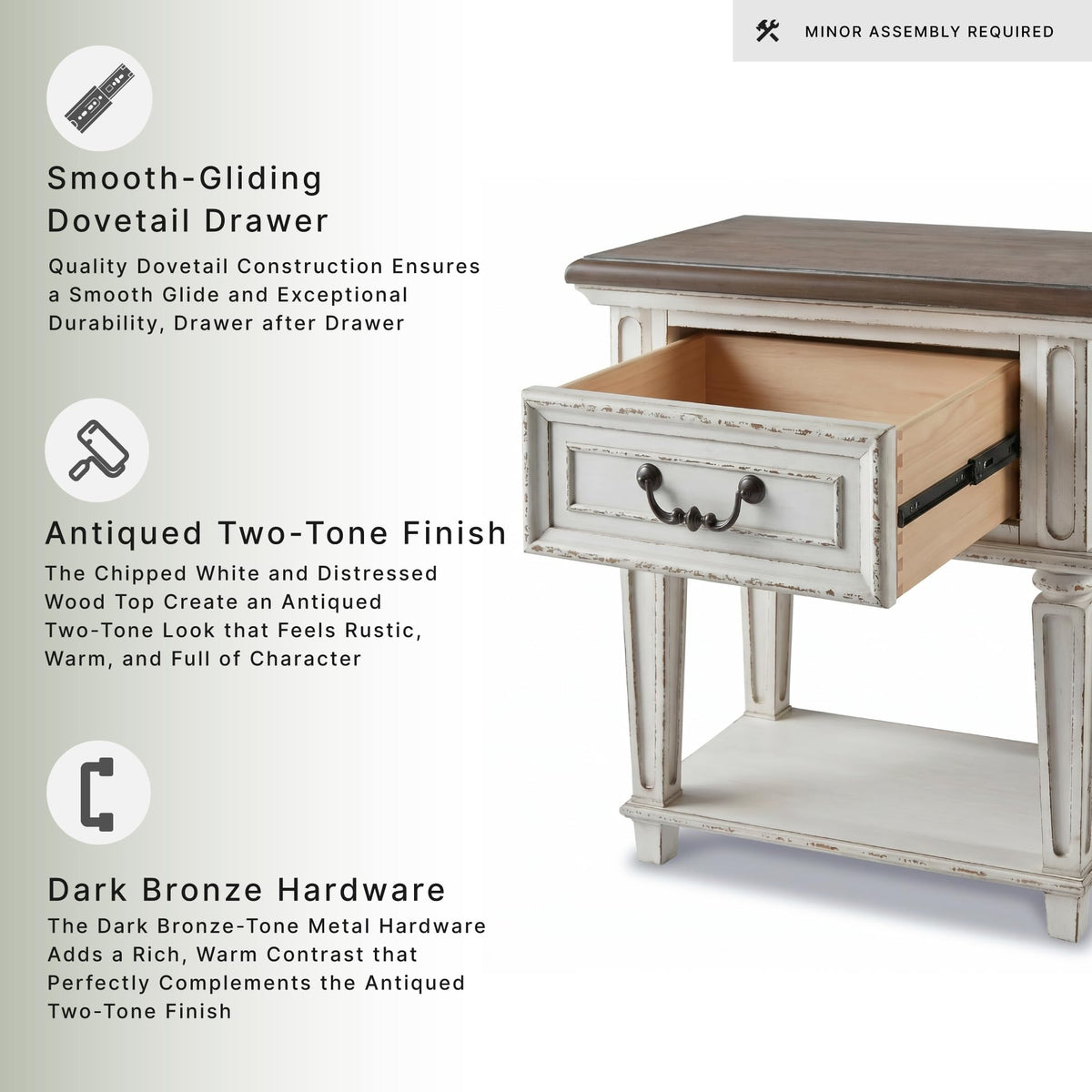 Signature Design by Ashley Realyn Traditional Cottage 1 Drawer Nightstand with Dovetail Construction & Open Display Shelf, Chipped White, 27" Tall, Distressed Brown