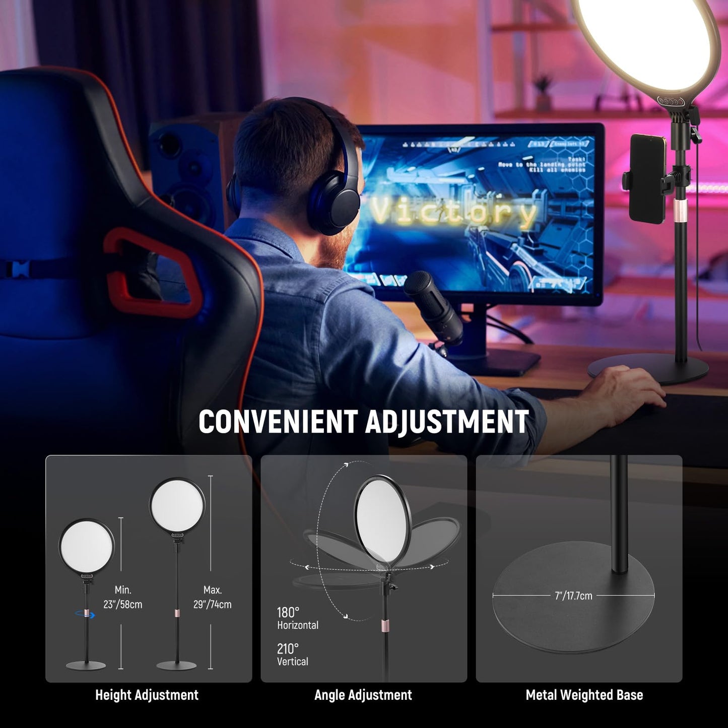 NEEWER Basics 7" Desk Ring Light for Video Recording, 10W Dimmable Full Screen Key Lighting with Stand&Phone Holder for iPhone Computer Laptop Vlog Live Streaming Video Conference, R06