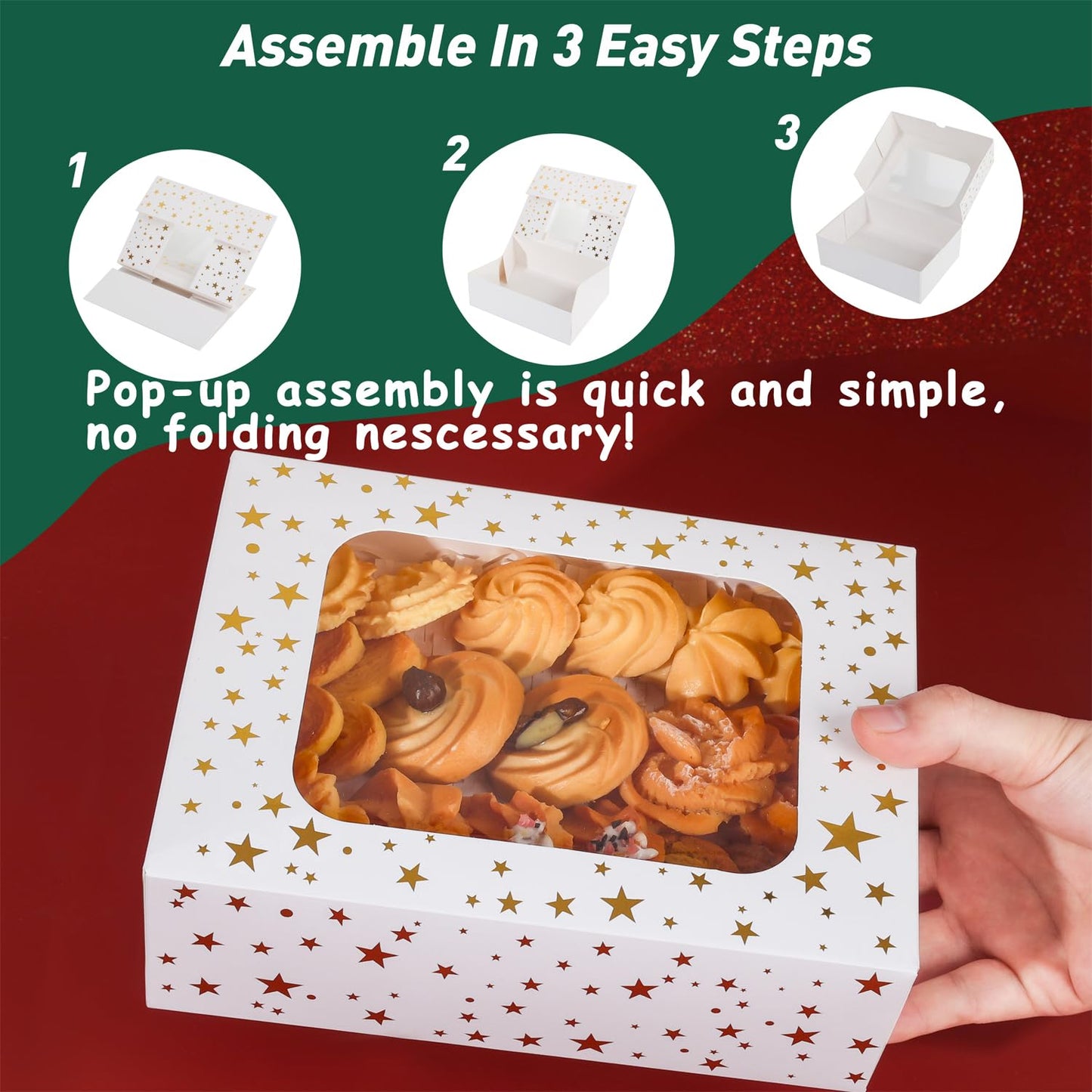 YEKTFS 24Pcs Christmas Cookie Boxes with Window - Gold Foil Star Pastry Boxes for Gift Giving, Bakery Boxes, White Christmas Cookie Tins with Lids,Dessert, Donut, Baked Goods Packaging