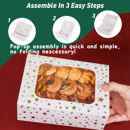 YEKTFS 24Pcs Christmas Cookie Boxes with Window - Gold Foil Star Pastry Boxes for Gift Giving, Bakery Boxes, White Christmas Cookie Tins with Lids,Dessert, Donut, Baked Goods Packaging