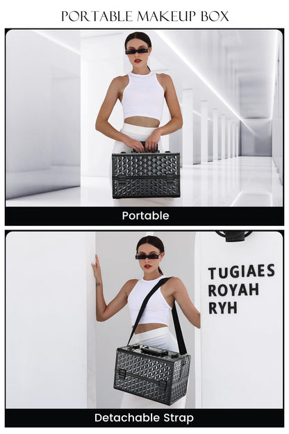 Joligrace Large Makeup Case Makeup Organiser Box Vanity Case Lockable Cosmetic Cases 4 Trays with Shoulder Strap Clasp, Black