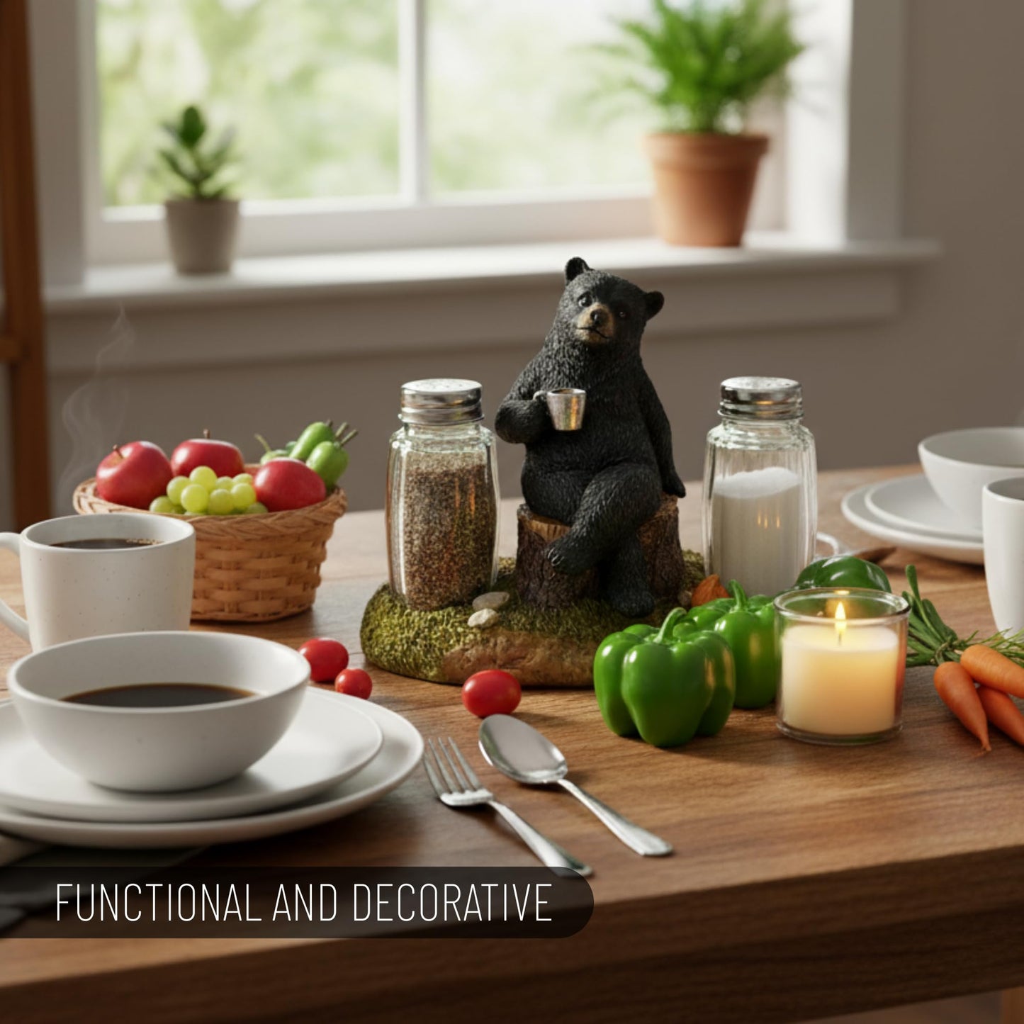 Pine Ridge Coffee Bear Salt And Pepper Shaker Set - Two Glass Shakers, Bear By Campfire Holder Caddy For Spices And Seasonings, For Kitchen, Cabin, Dining Or Table Décor