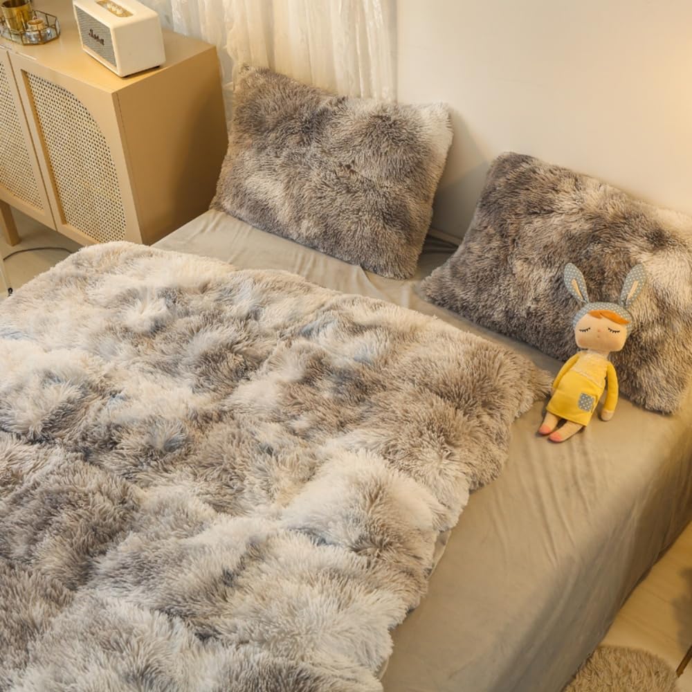 chovy Faux Fur Tie-Dyed Black White Gray Colorful Comforter Sets Queen - 3PC Bed Set Ultra Soft Plush Flannel Velvet Fluffy Fuzzy Bedding（Comforter x 1 Pillowcases x 2）