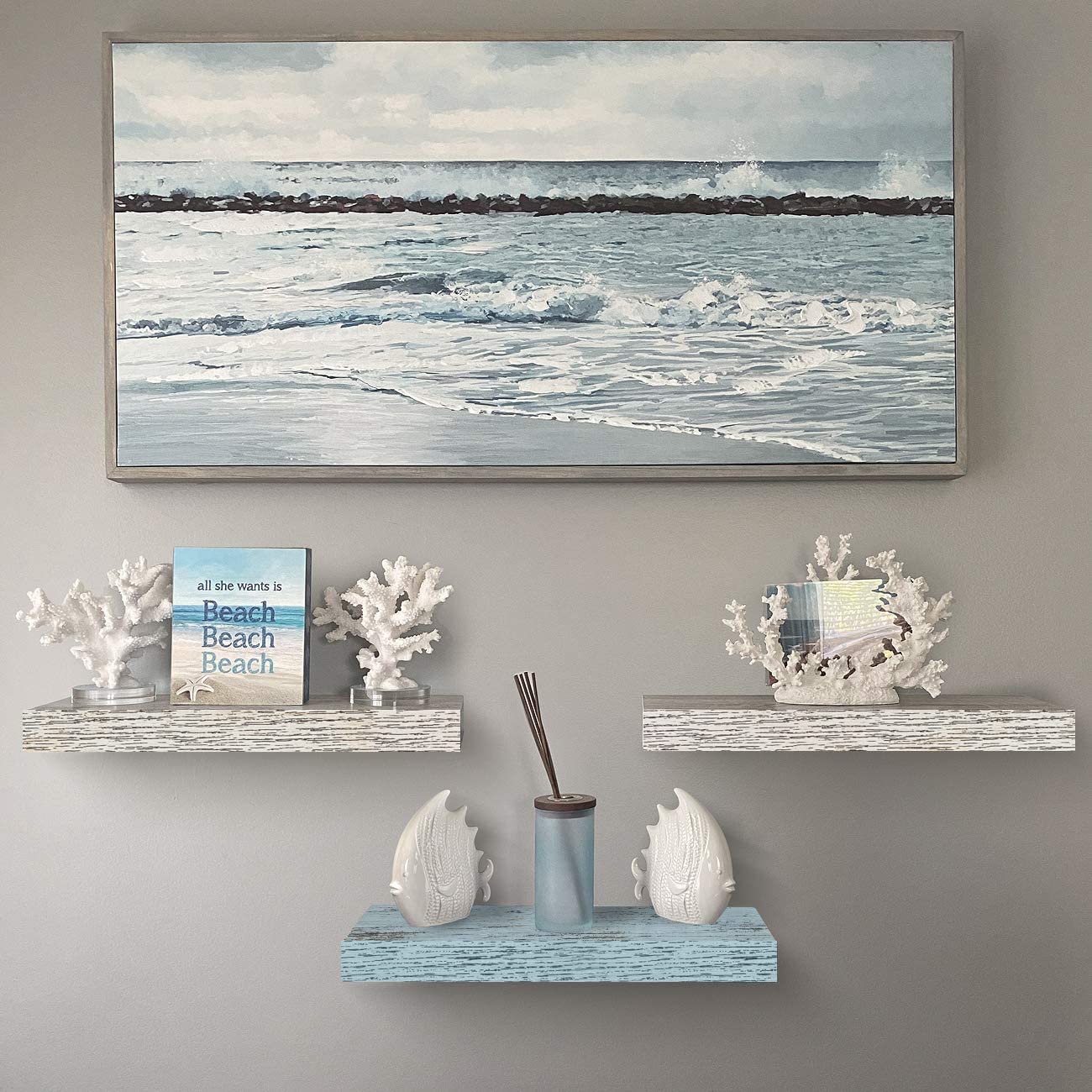 Sorbus Floating Shelves - 3 Pack 16 Inch Rustic & Blue Wall Shelves for Bedroom, Kitchen, Living Room, Bathroom Shelves, Home Decor, Office - Floating Shelf for Trophy, Books, Frames