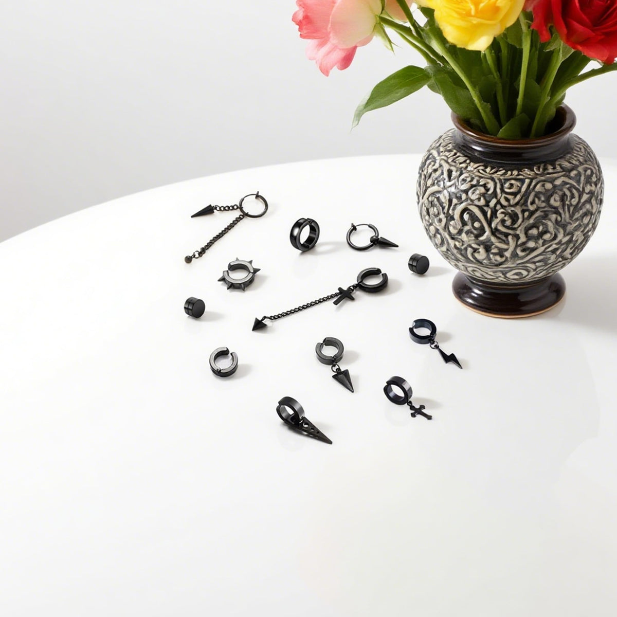 14 Pcs Black Punk Stainless Steel Fake Piercing Spike Rivet Cross Triangle Dangle Tassel Clip on Hoop Earrings Set for Women Men, Non Pierced Fake Stud Earrings (Black-Set A)