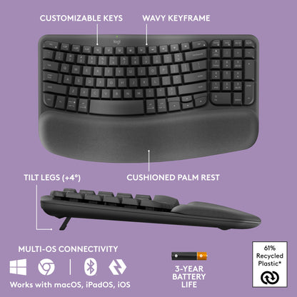 Logitech Wave Keys Wireless Ergonomic Keyboard with Cushioned Palm Rest, Comfortable Natural Typing, Easy-Switch, Bluetooth, Logi Bolt Receiver, for Multi-OS, Windows/Mac - Rose