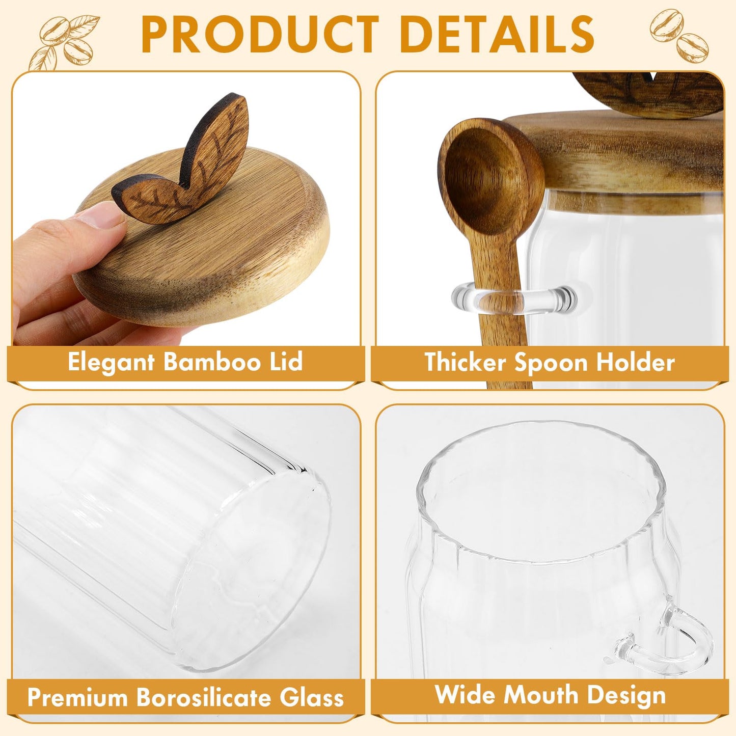 Suclain 3 Sets Glass Coffee Sugar Tea Canister 27 oz Airtight Food Storage Jar with Wooden Lid Spoon Shelf Labels Clear Glass Container for Sugar Coffee Bean Holder Salt Tea Housewarming Gift