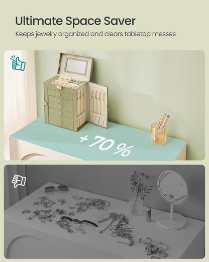 SONGMICS 6-Layer Jewelry Box Organizer with 5 Drawers, Jewelry Storage Case with Lock and Mirror, Large Storage Capacity, Gift for Loved Ones, for Necklaces, Watches, Sage Green UJBC152CE01S