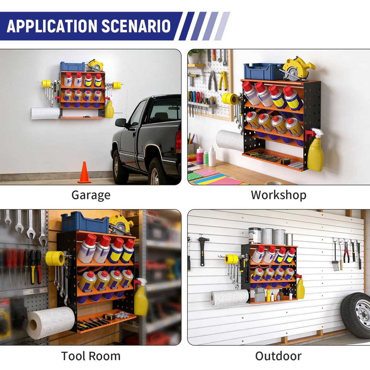 Wall Mount Spray Can Holder, Aerosol Spray Bottle Holder Storage Rack, Heavy-Duty Paint Bottle Organizer with 8 Can Holes & 4 Steel Hooks, 4 Plastic Hooks for Garage, Shop, Home or Tool Trailer