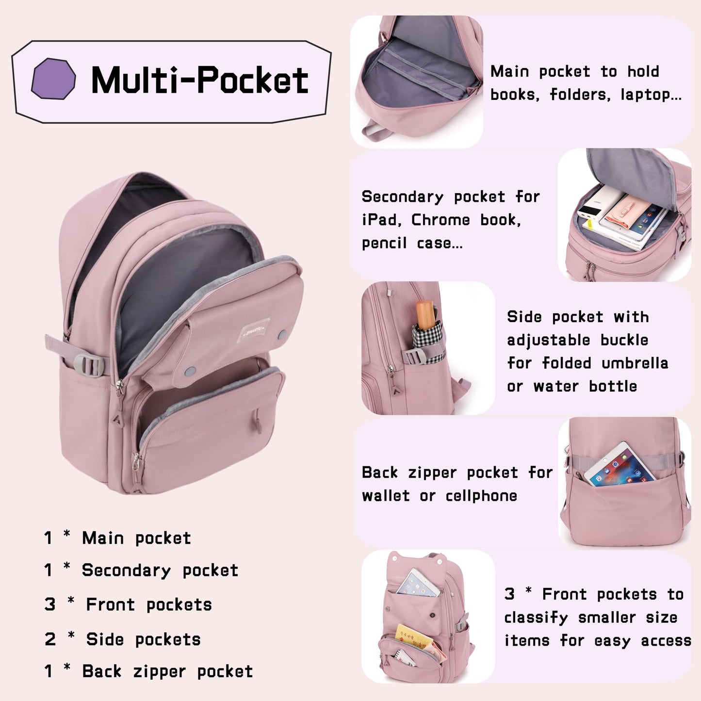 Solid Color School-Bags Backpacks for Teens Girls, Multi-pocket Elementary Girls Bookbags,Lightweight Casual Daypack