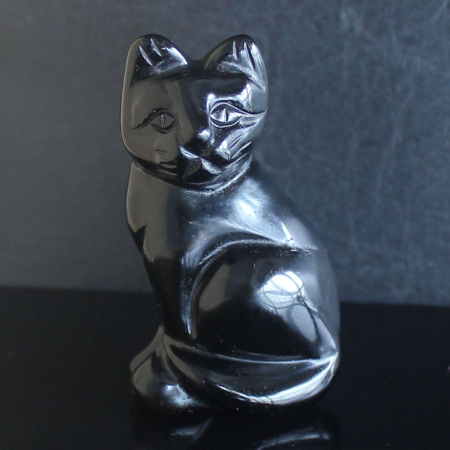 Carved Black Obsidian Crystal cat Figurine Animal Statue (Black Obsidian)