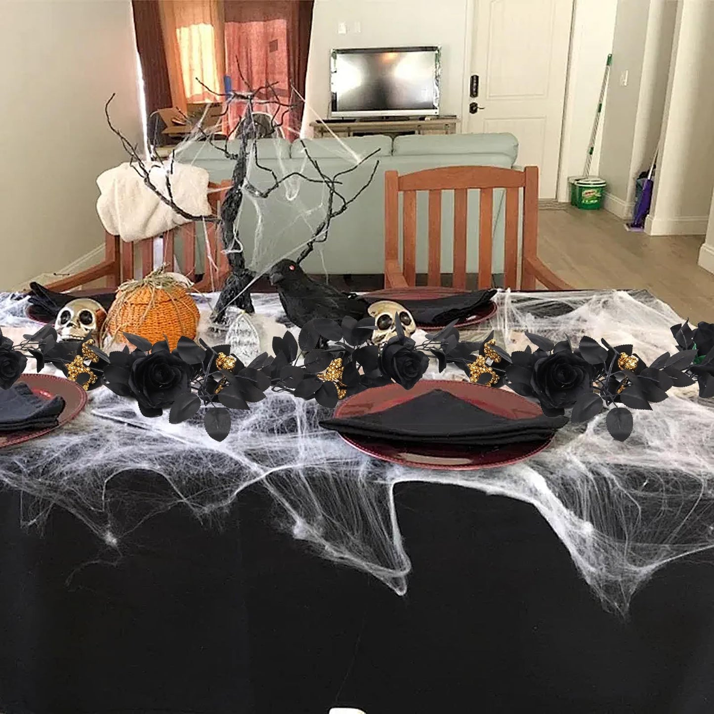 RECUTMS 5.9Ft Black Artificial Roses Flower Garland Fake Halloween Hanging Silk Floral Vines Fall Leaf Wreath for Gothic Halloween Decor Autumn Party Table Centerpiece Home Decor