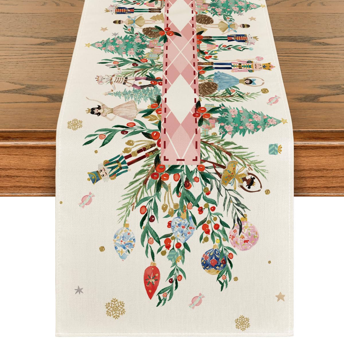Artoid Mode Nutcracker Floral Holly Christmas Table Runner, Seasonal Winter Kitchen Dining Table Decoration for Home Party Decor 13x72 Inch