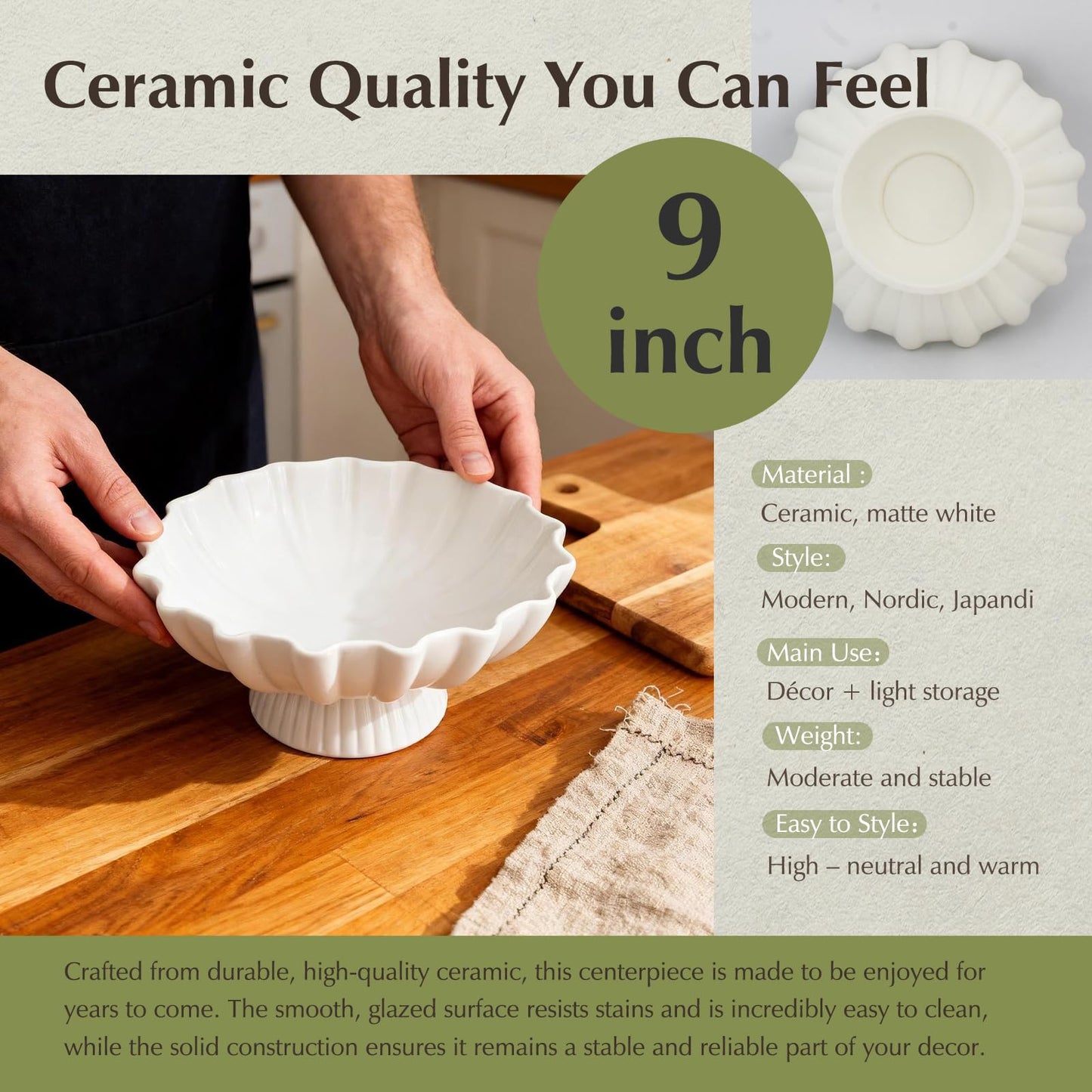 White Pedestal Fruit Bowl for Kitchen Counter, 9-Inch Ceramic Centerpiece Bowl with Fluted Texture, Modern Farmhouse Coffee Table Decor for Dining Table,Entryway Key Bowl, HouseWarming Gift