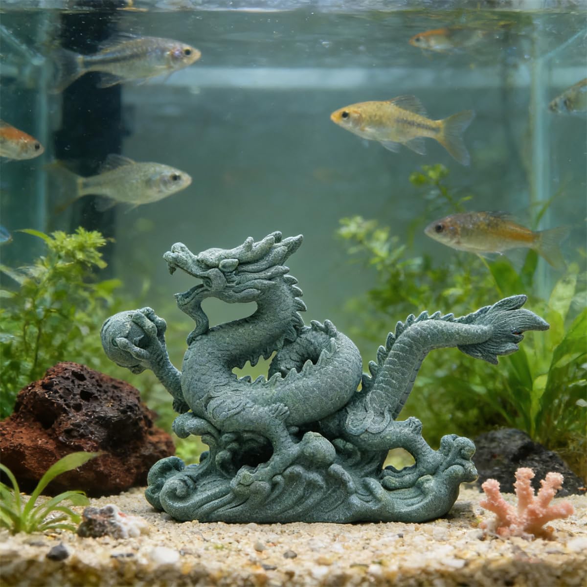 livelyfish Sandstone Chinese Dragon Statues, Aquarium Fish Tank Decorations Asian Garden Home Office Tabletop Small Accessories Decor for Wealth Success Lucky,A