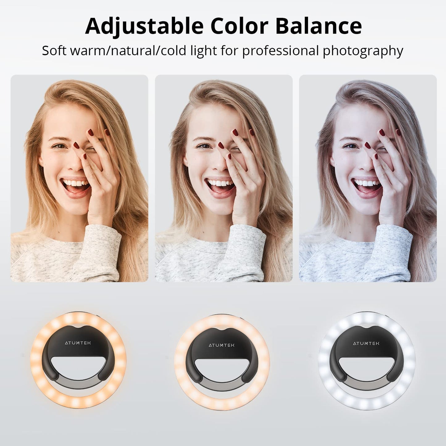 ATUMTEK 40 LED Rechargeable Clip-On Phone Selfie Ring Light for Photo and Video for Streaming, TikTok, Instagram, Zoom Meeting and Video Conferencing – Black