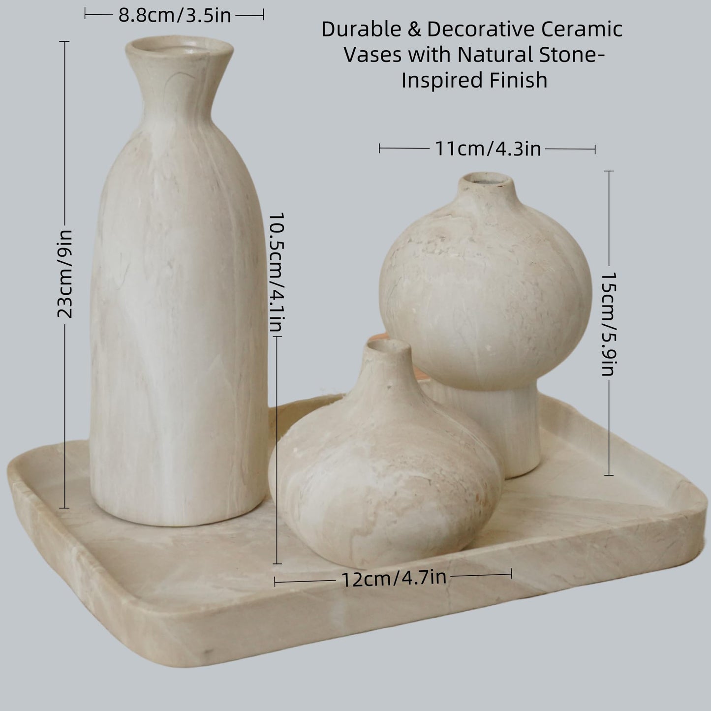 SincereLuxe White Ceramic Vase Set of 3 in Beige, Modern Aesthetic Stone-Look Textured Pottery Vases for Shelf & Bookshelf Home Decor, Neutral Minimalist Decorative Vases for Flowers & Pampas Grass