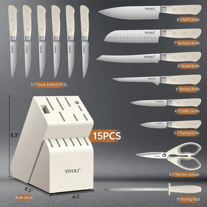 TIVOLI 15 Pieces Knife Set with Block, Forged, High Carbon Stainless Steel Sharp Blade Kitchen Knife Block Set with Ergonomic Wood Handle, Dishwasher Safe Cutlery, Gifts For Cooks, Cream White