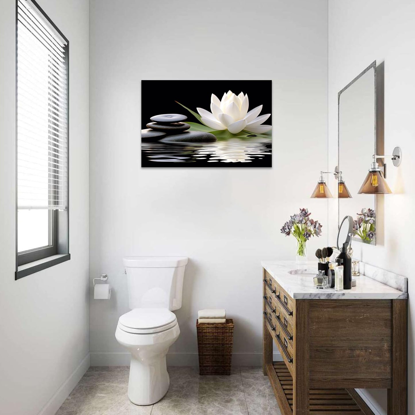 CCWACPP Zen Canvas Wall Art White Lotus Bloom in Water Picture Flowers Stone Spa Painting for Yoga Meditation Room Bathroom Prints Wall Decor Frame (Zen - 2, 16x24inch)