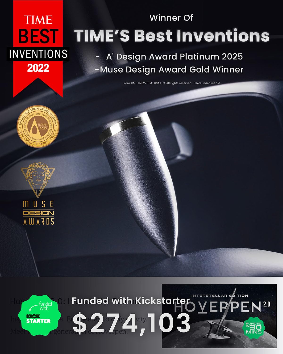 novium Hoverpen Interstellar - Space Black, Ballpoint Pen, Unique Conversational Starter, Premium Futuristic Design, Precision Flow Ink, German-engineered Ballpoint Cartridges