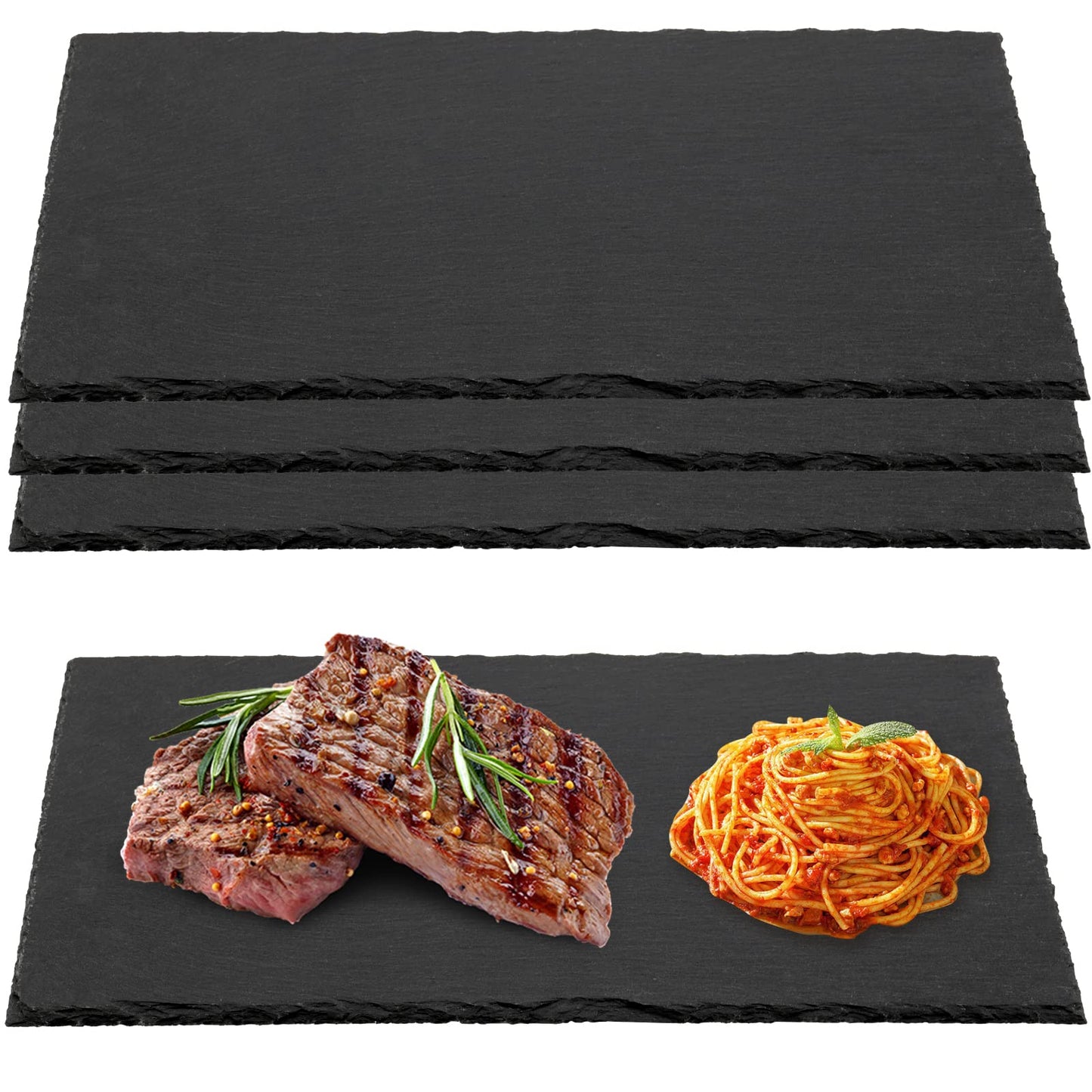 MUKLEI 4 Pack 12" x 8" Black Slate Cheese Boards, Slate Serving Platter with Natural Edge, Slate Stone Serving Tray for Cheese, Charcuterie, Sushi, Appetizers