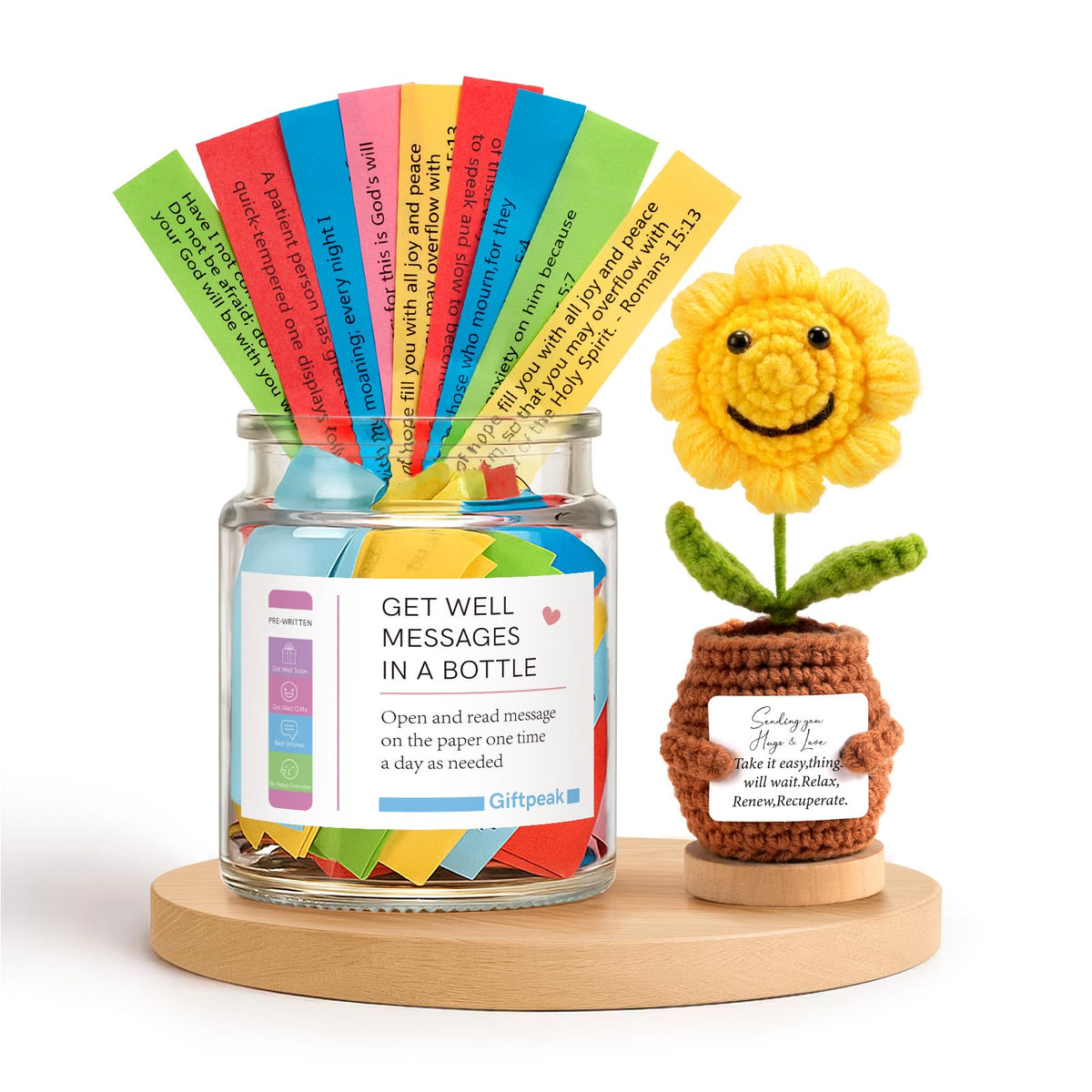 Bible Verse Jar,Christian Gifts Set, Get well Gifts with Scripture Messages, Knitted Sunflower, Greeting Card & Gift Box, Inspirational Religious Get well & Encouragement Gift for Women Men