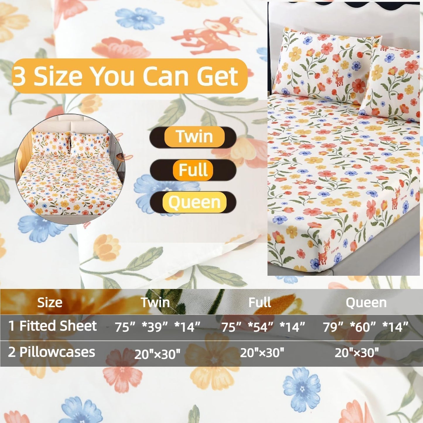 SDIII Reindeer and Floral Full Size Fitted Sheet with 2 Pillowcases, Deep Pocket Soft Microfiber Fawn and Floral Full Size Sheet All Season
