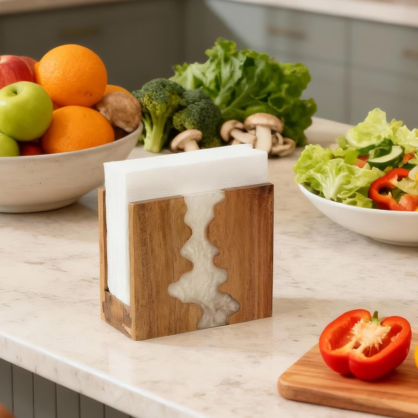 Acacia Wood Napkin Holder for table, Handmade Epoxy Resin Tissue Box Holder with Unique Wave Design & 3CM Sturdy Base for Kitchen Table, Dining Room Decor,counter tops or outdoors