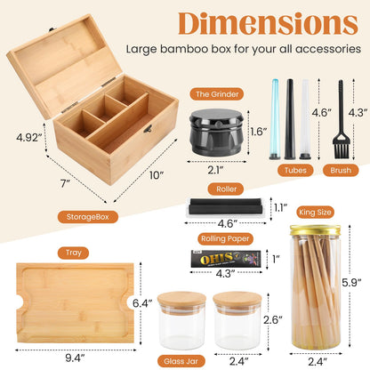 Coozyupper Large Bamboo Storage Box with Removable Tray Kit - Decorative Box Set, Glass Jars, and Accessories Wooden Storage Kit and Accessories Tool.Birthday Gifts