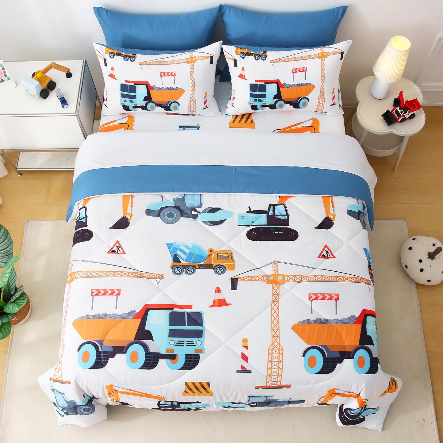 Jameswish 7 Pieces Boys Comforter Set Twin Size Excavator Bedding Set Cartoon Car Kids Bed in a Bag Construction Truck Bedding for Children Kids Boys Teens for Birthday Choice