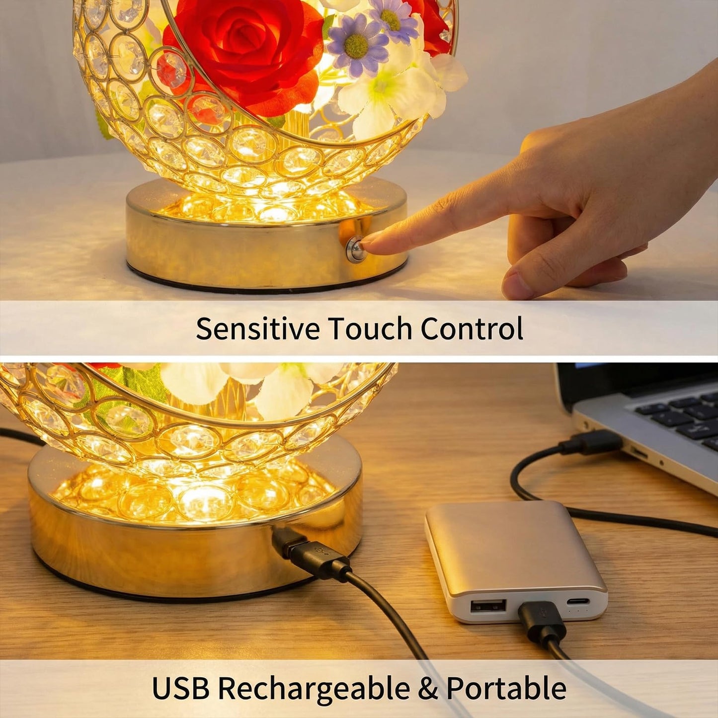 MMHF Rose LED Table Lamp, Modern Gold Crystal Bedside Lamp, Dimmable Touch Control Night Light for Bedroom Living Room Home Office, Romantic Warm Lighting Decorative Lamp