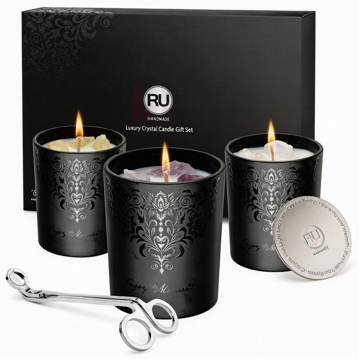 Luxury Black Crystal Candle Gift Set for Men – 3 Pack 7oz Soy & Beeswax Candles with Real Natural Crystals, Zinc Alloy Lids & Wick Trimmer, 120H Burn Time, Masculine Woodsy Home Fragrance