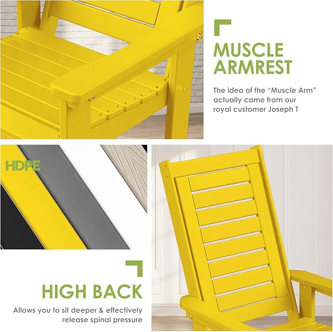 GREENVINES Outdoor Rocking Chair Set | 3-Piece | 2 Rocking Chairs with 1 Side Table | Porch Rocker | HDPE Plastic | Yellow | Patio Furniture Sets | High Back | Big & Tall | Ladder Back