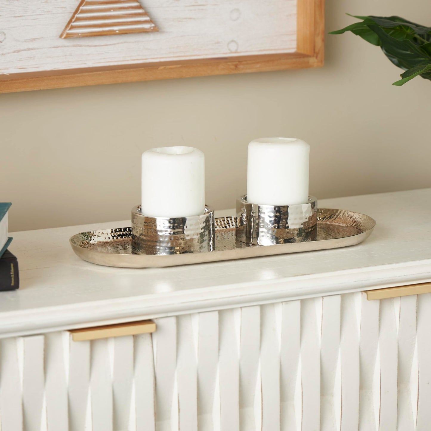 Deco 79 Stainless Steel Metal Decorative Candle Holder Hammered Candle Stand with Oval Tray Plate, Candlestick Holder 16" x 7" x 2", Silver