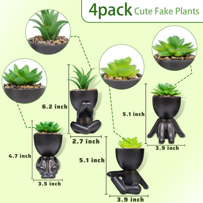 SEMSOIIO Pack of 4 Cute Artificial Succulent Plants in Human Shaped Pots, Funny Desk Decor for Office Women Men, Aesthetic Room Decor, Small Fake Plants for Shelf Bathroom Home Office Gifts (Black)