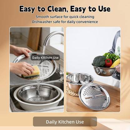 Germany Multifunctional Stainless Steel Basin - 2026 New 3-in-1 Grater Strainer and Drain Basket Set with Vegetable Slicer, 10.24 Inch for Kitchen Rinsing Draining Mixing