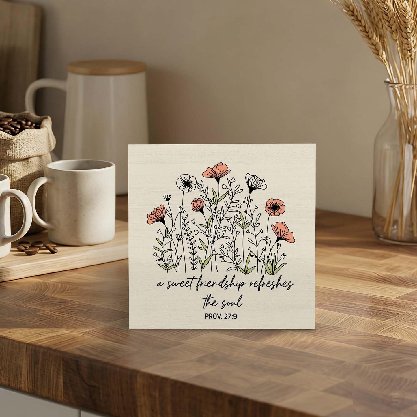 GWOKPAAI Christian Friendship Floral Wooden Box Signs Desk Decor, Christian Gifts for Women,a Sweet Friendship Refreshes the Soul Wooden Sign Desk Decorations for Home Room Tabletop Shelf Wall,5x5in