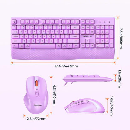 MEETION Wireless Keyboard and Mouse, Full-Sized Cordless Keyboard with Wrist Rest and 3 DPI Adjustable Mouse, Keyboard and Mouse Set with 2.4GHz USB Receiver, for PC/Computer/Laptop/Windows/Mac, Pink